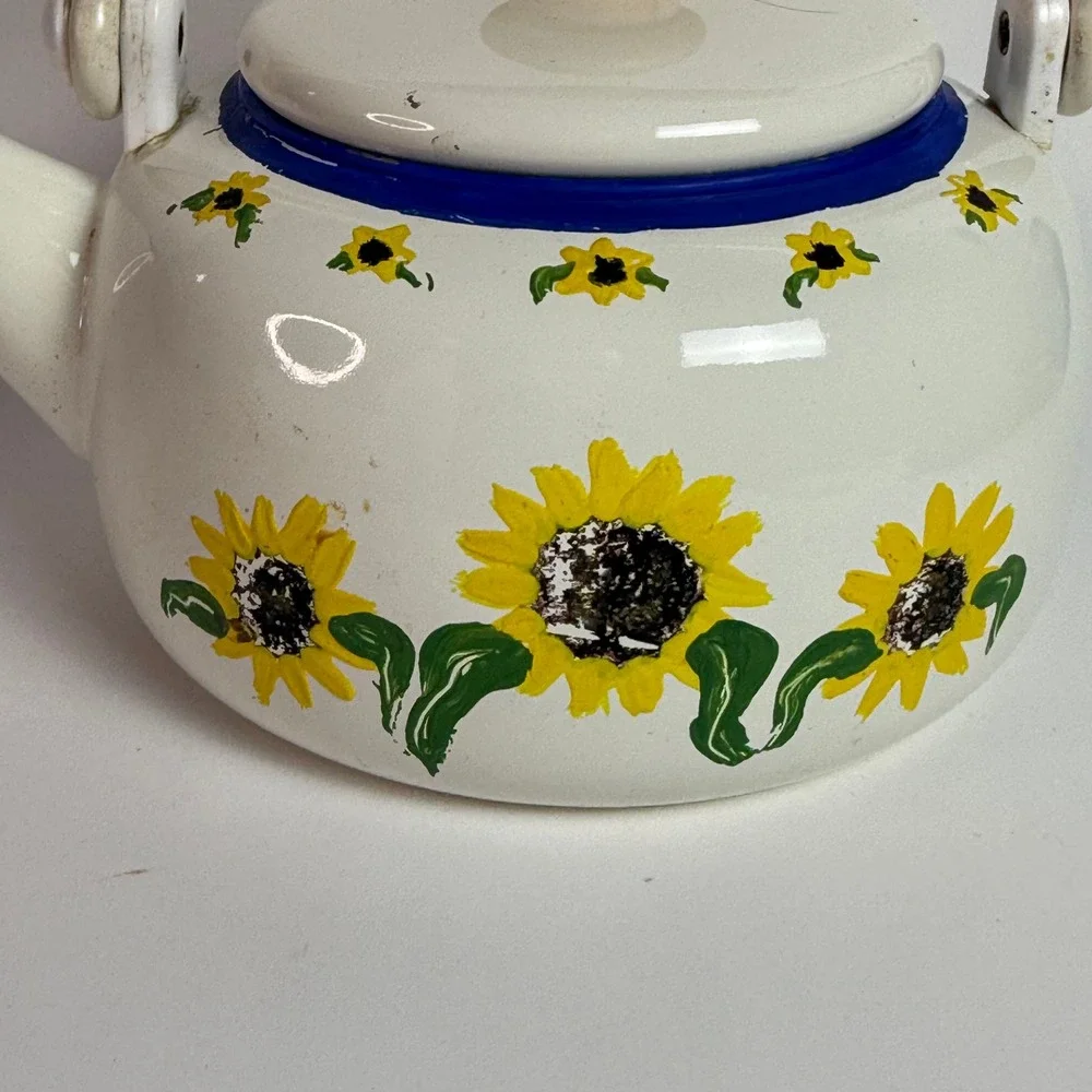 White Enamel Sunny Golden Yellow Sunflowers Tea Kettle Blue Trim Wood Handle